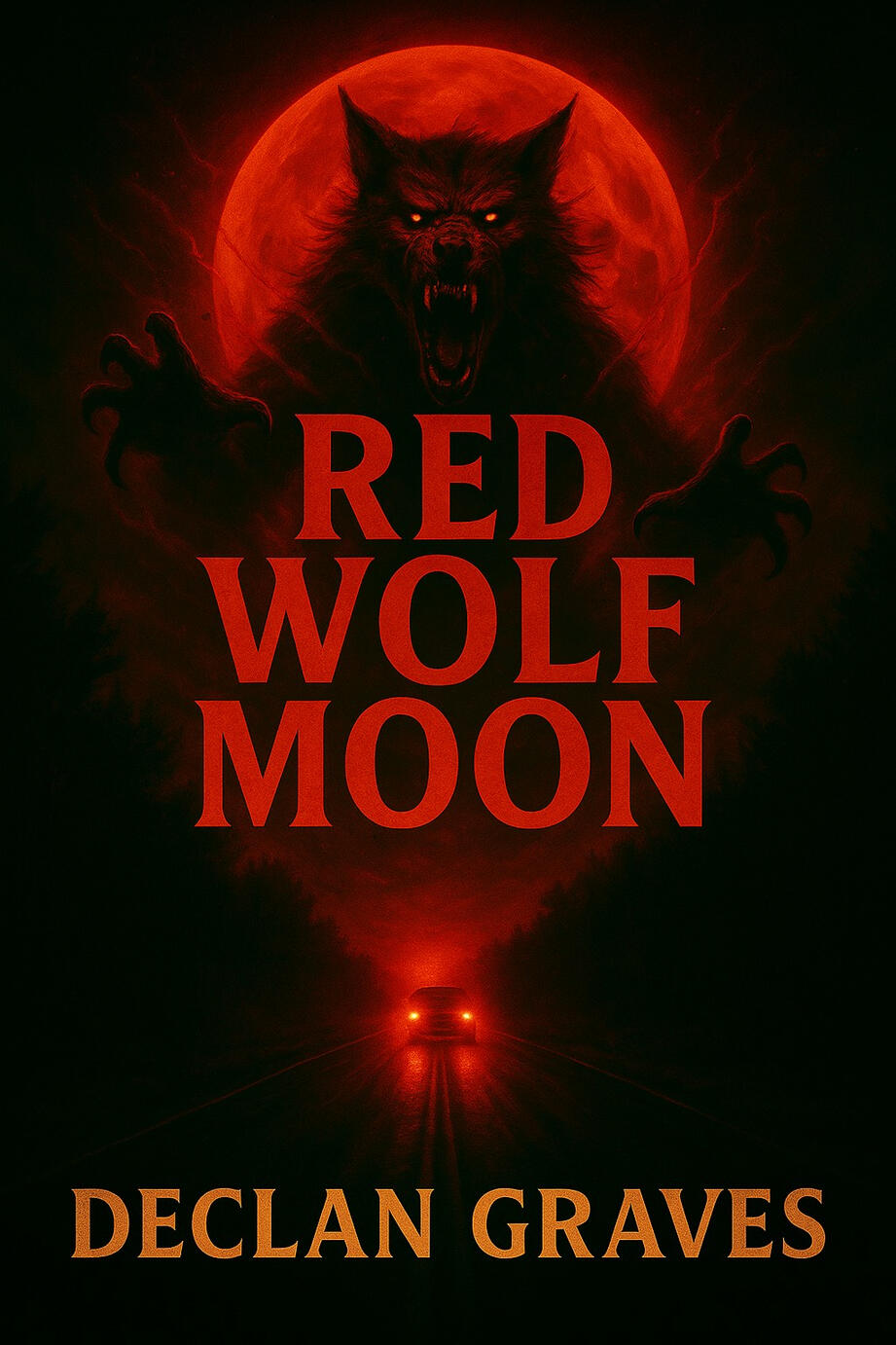 Red Wolf Moon by Declan Graves, a wolf beneath a crimson moon